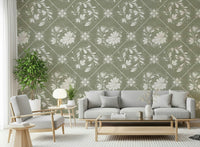 Distressed Diamond Flora Wallpaper as a feature wall in a cosy lounge.