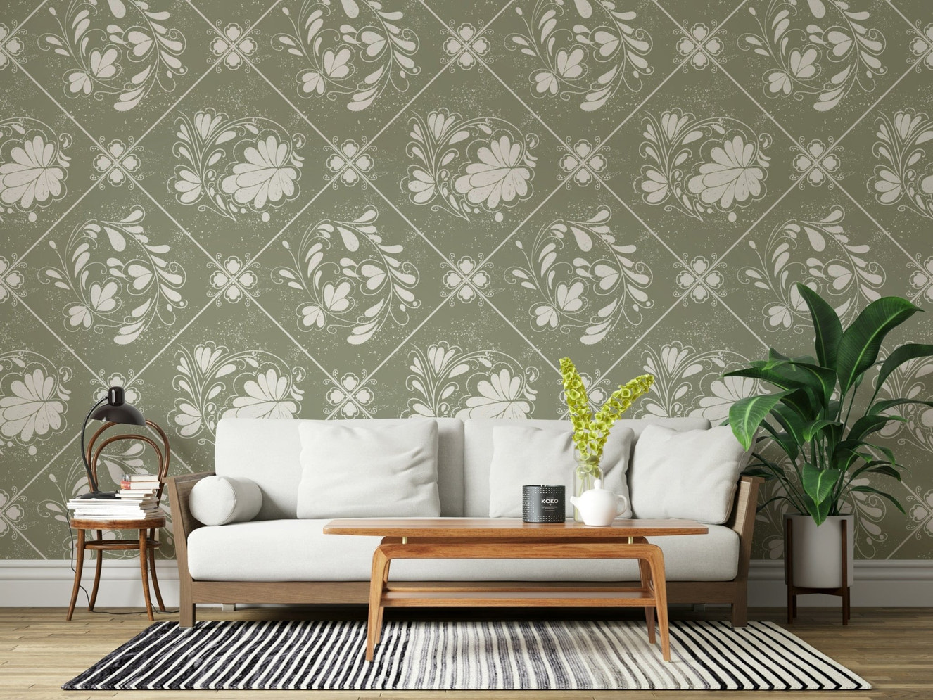 Traditional diamond print wallpaper for a cottage style interior.
