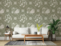 Traditional diamond print wallpaper for a cottage style interior.