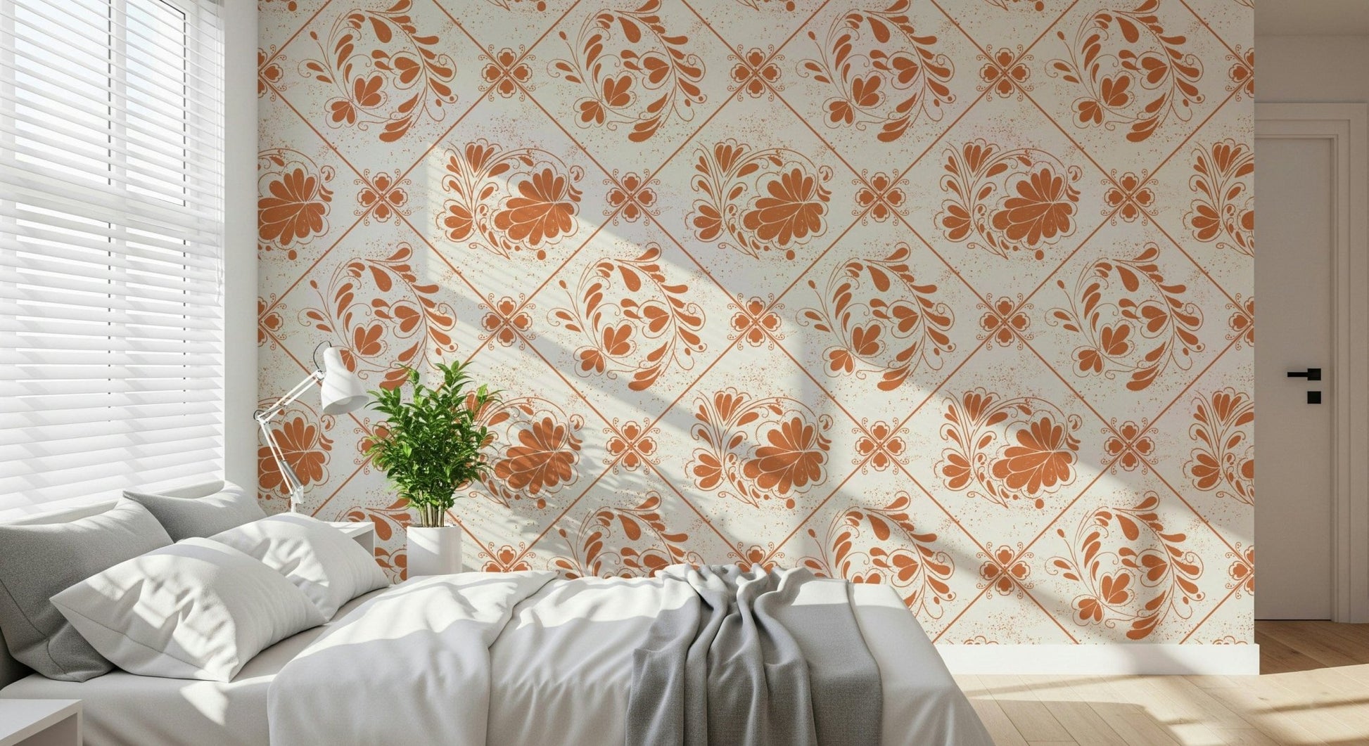 Rustic square floral wallpaper behind a wooden dining table