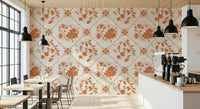 Floral square motifs on textured wallpaper for a library