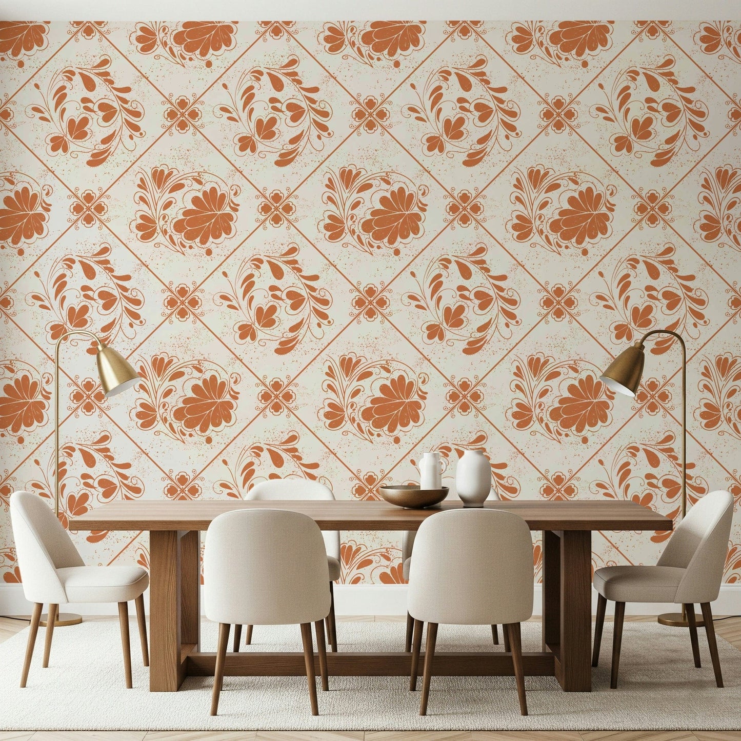 Distressed Floral Squares Wallpaper in a contemporary living room
