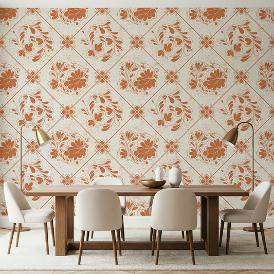 Distressed Floral Squares Wallpaper in a contemporary living room