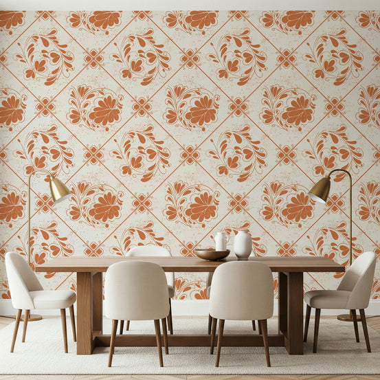 Distressed Floral Squares Wallpaper in a contemporary living room, GD7707