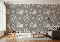 Distressed Floral Tiles Wallpaper in a traditional living room setting