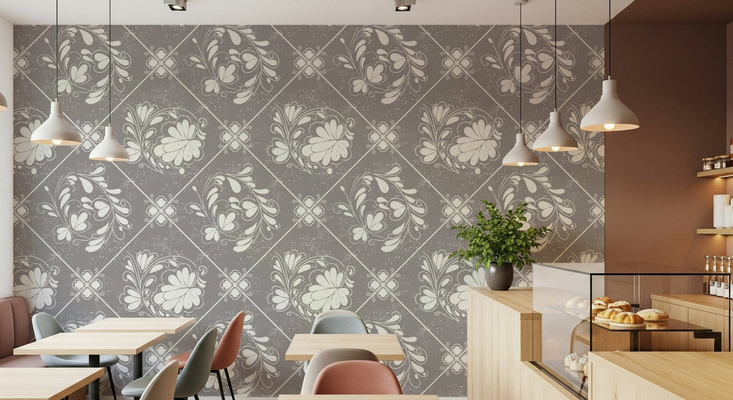 Rustic floral wallpaper backdrop for a modern wooden dining set