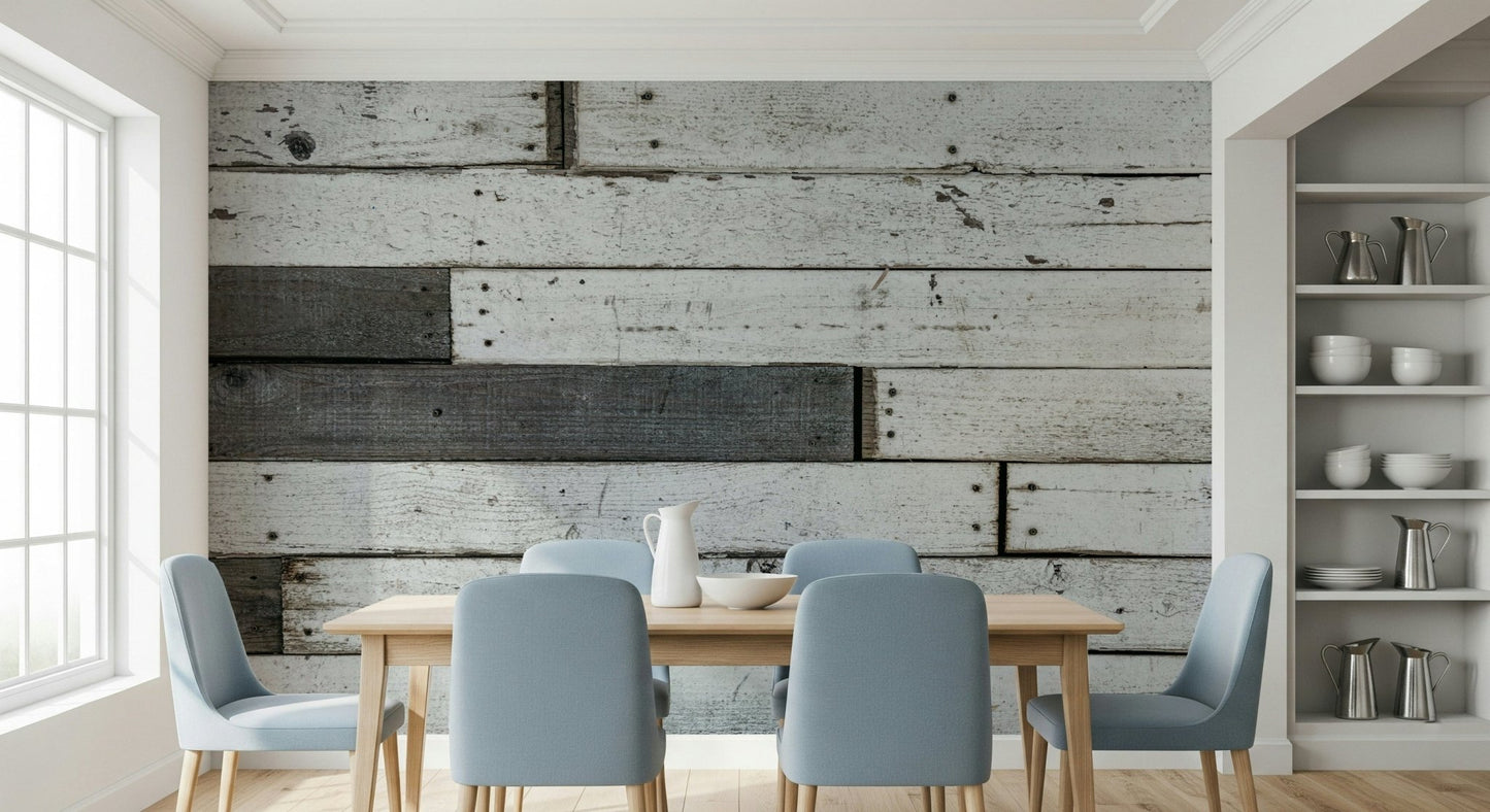 Accent wall showcasing the farmhouse-style distressed wood wallpaper mural.