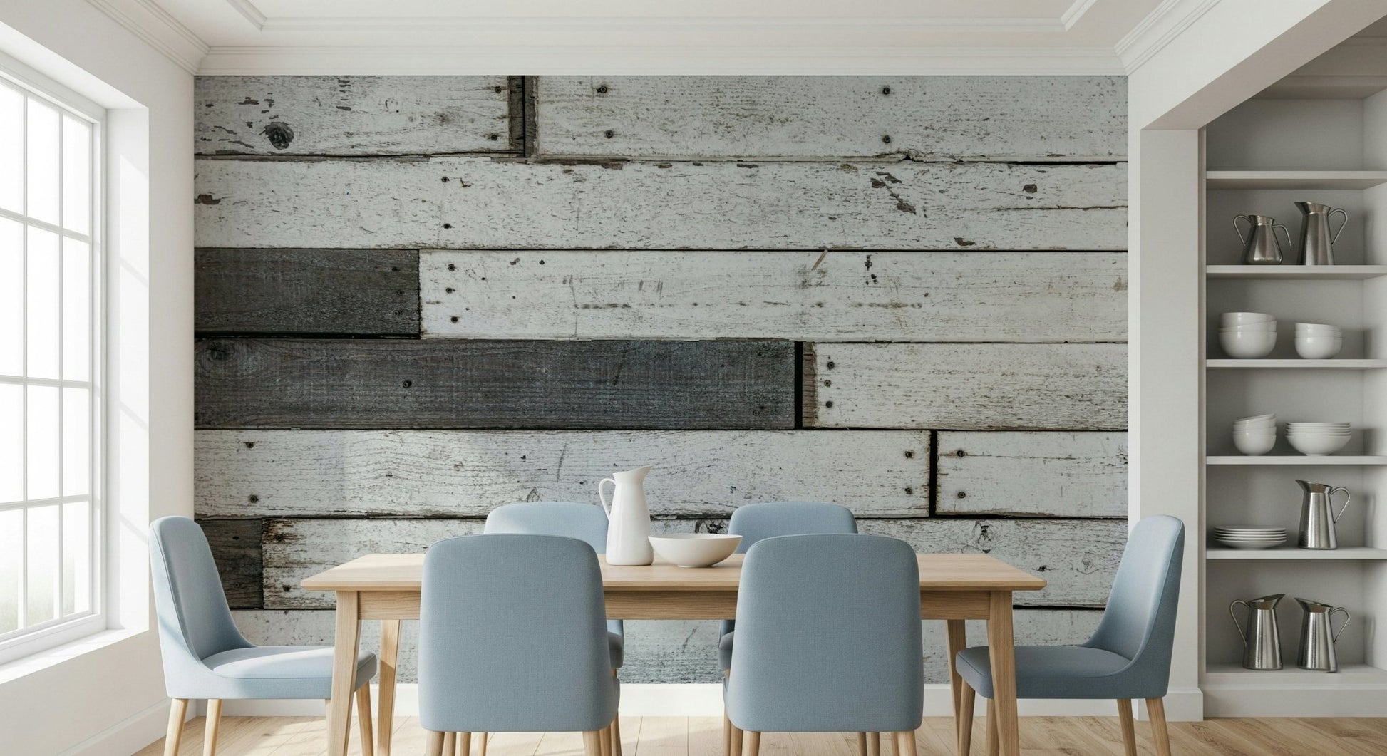 Accent wall showcasing the farmhouse-style distressed wood wallpaper mural.