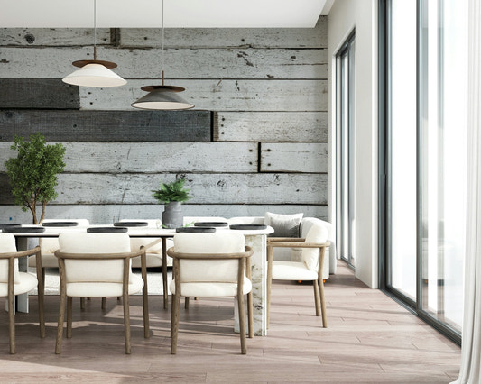 Distressed Wood Panel mural texture detail in a cozy living room.