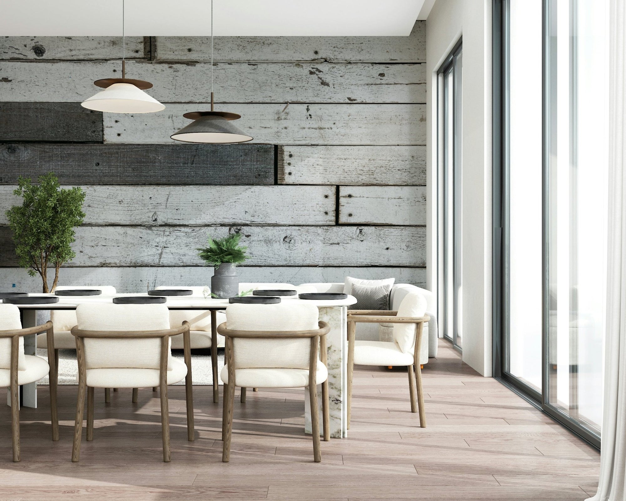 Distressed Wood Panel mural texture detail in a cozy living room., GD6098