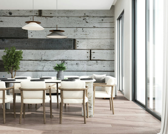 Distressed Wood Panel mural texture detail in a cozy living room., GD6098