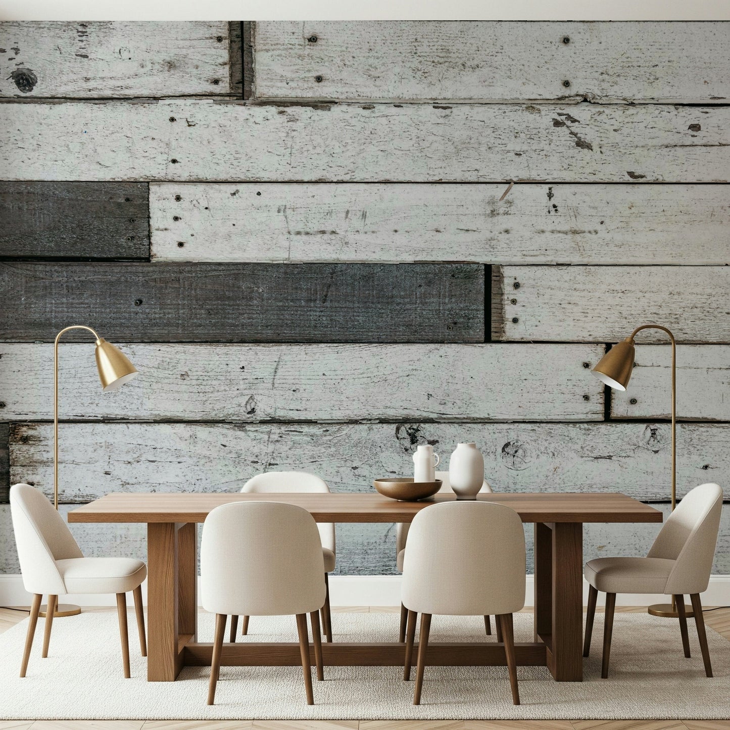 Accent wall showcasing the farmhouse-style distressed wood wallpaper mural.
