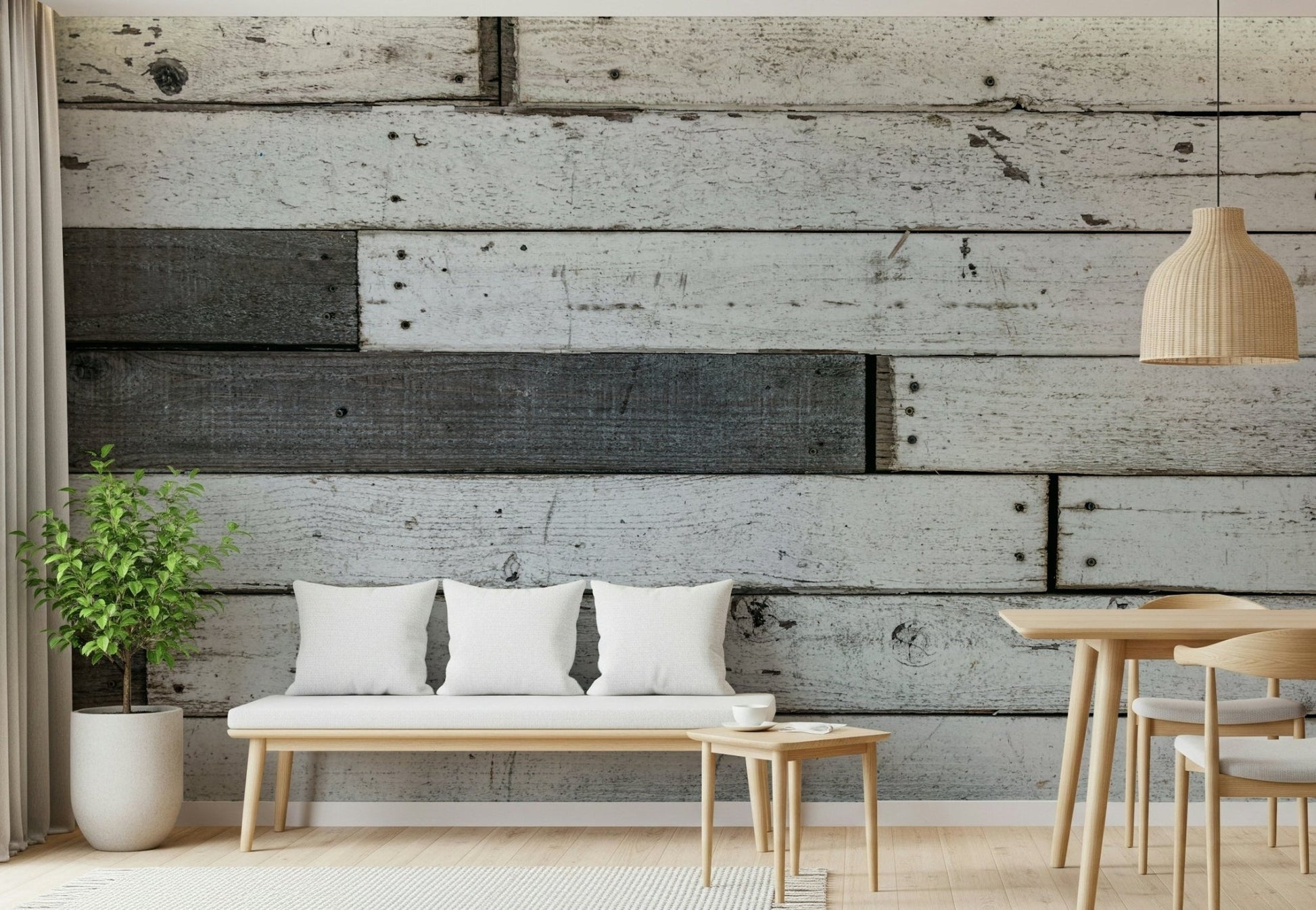 Full bedroom wall featuring the rustic distressed wood panel wallpaper.