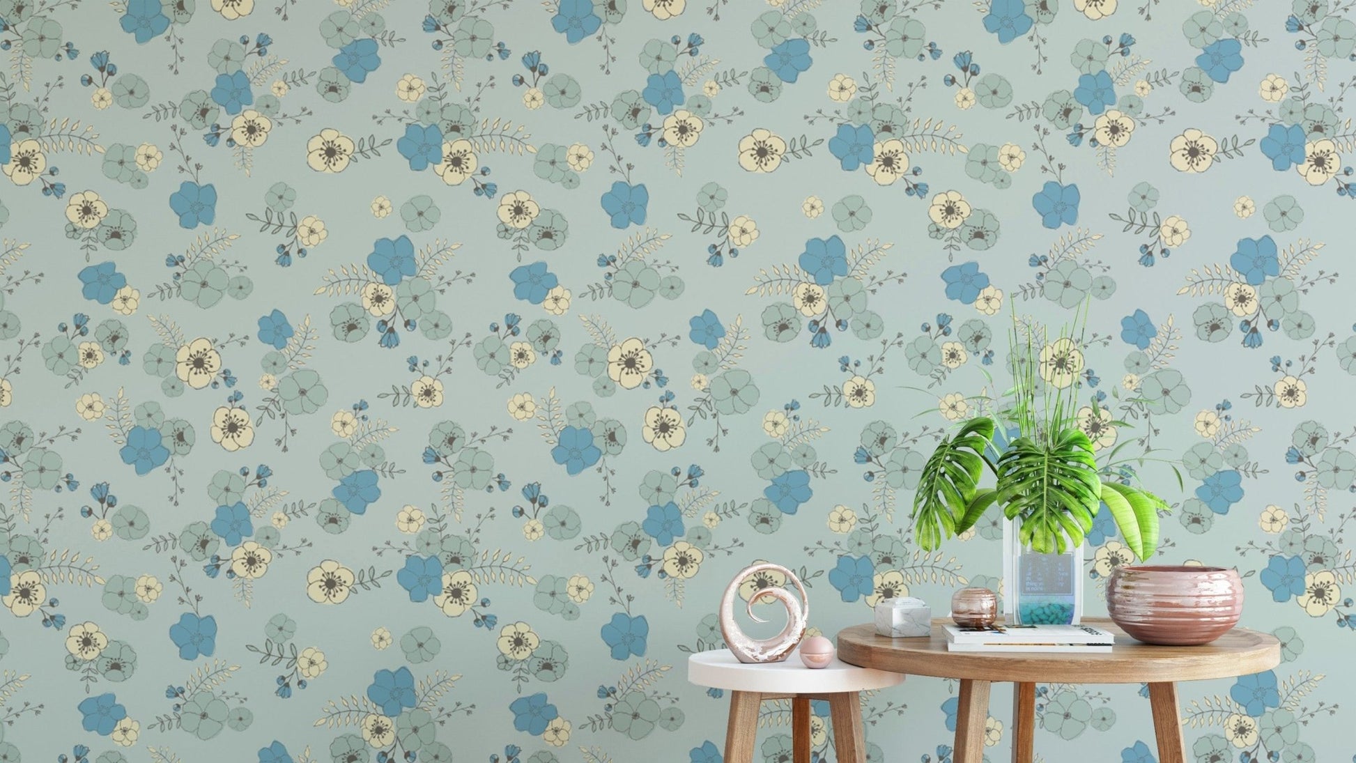Sophisticated pastel blue wallpaper with scattered floral motifs.
