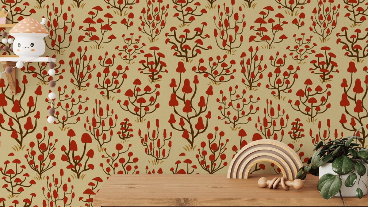 Sophisticated ditsy mushroom wallpaper in red for stylish accents. RNM29
