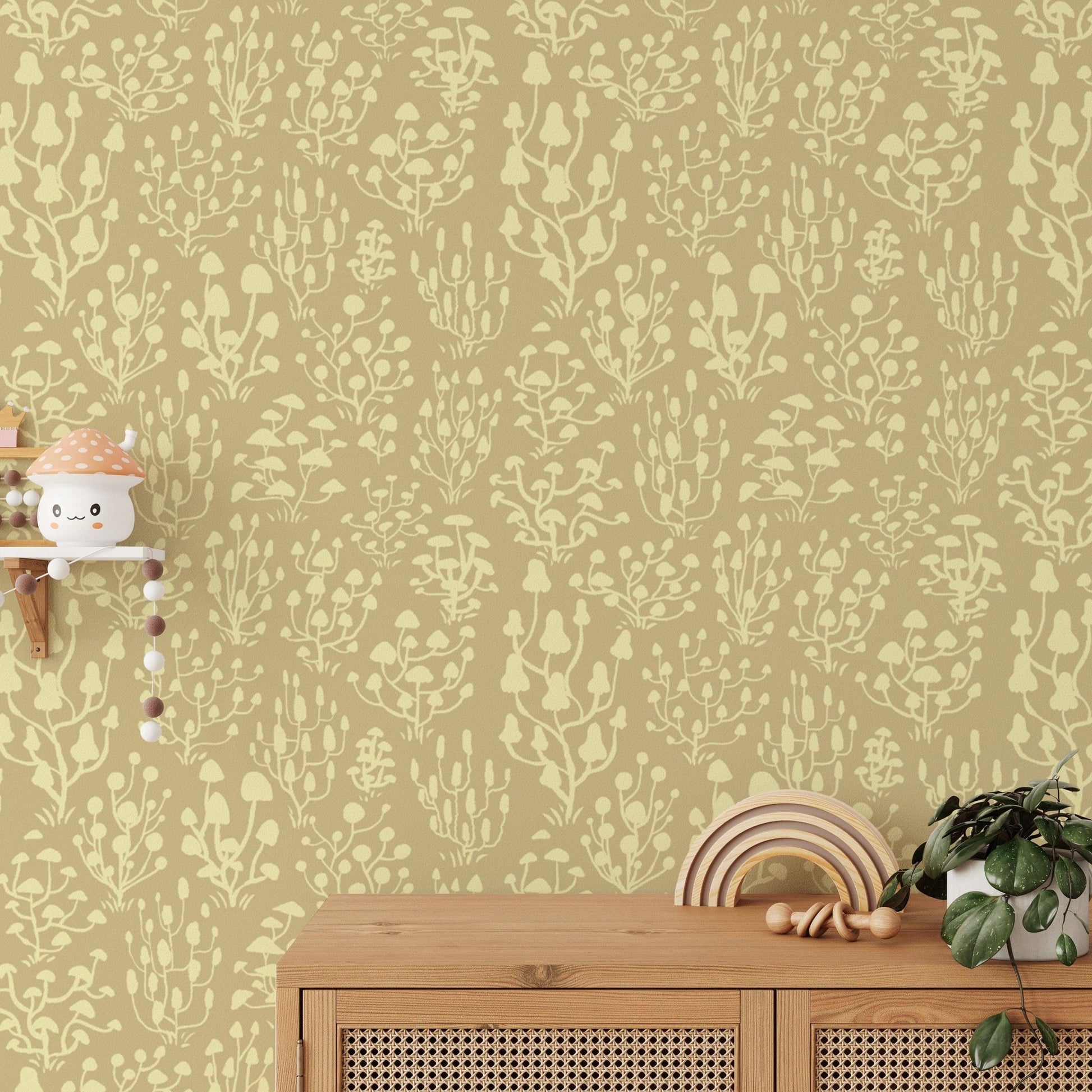 Cheerful ditsy mushrooms yellow wallpaper for vibrant interiors. RNM30
