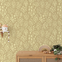 Cheerful ditsy mushrooms yellow wallpaper for vibrant interiors. RNM30
