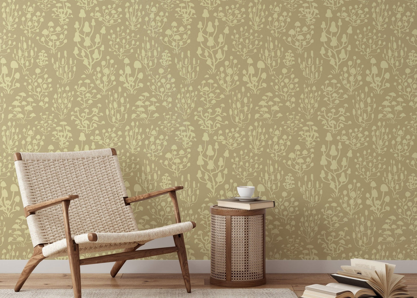 Cute yellow ditsy mushrooms wallpaper for kids’ or playful rooms. RNM30
