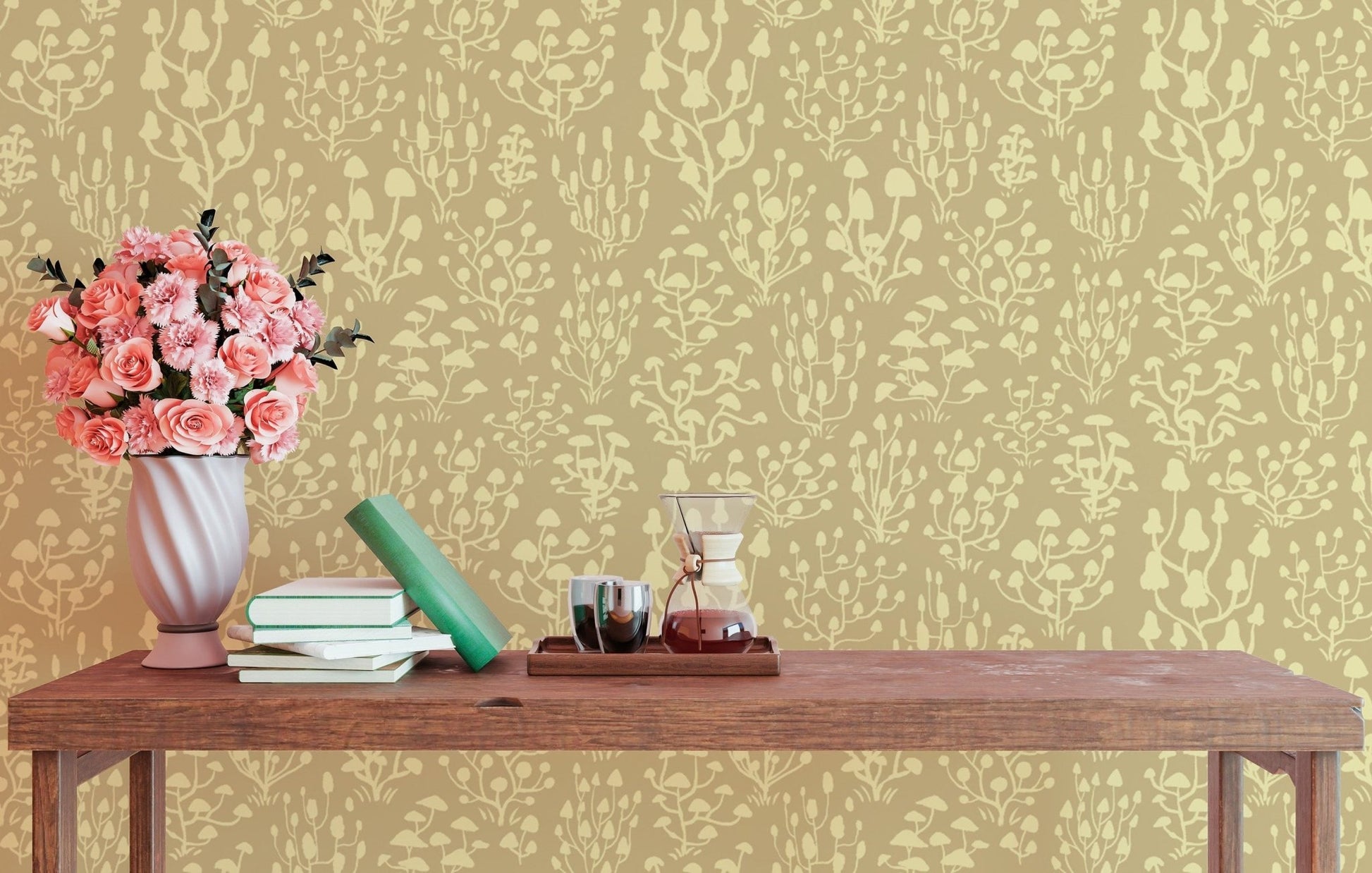 Sophisticated ditsy mushrooms yellow wallpaper for modern decor. RNM30
