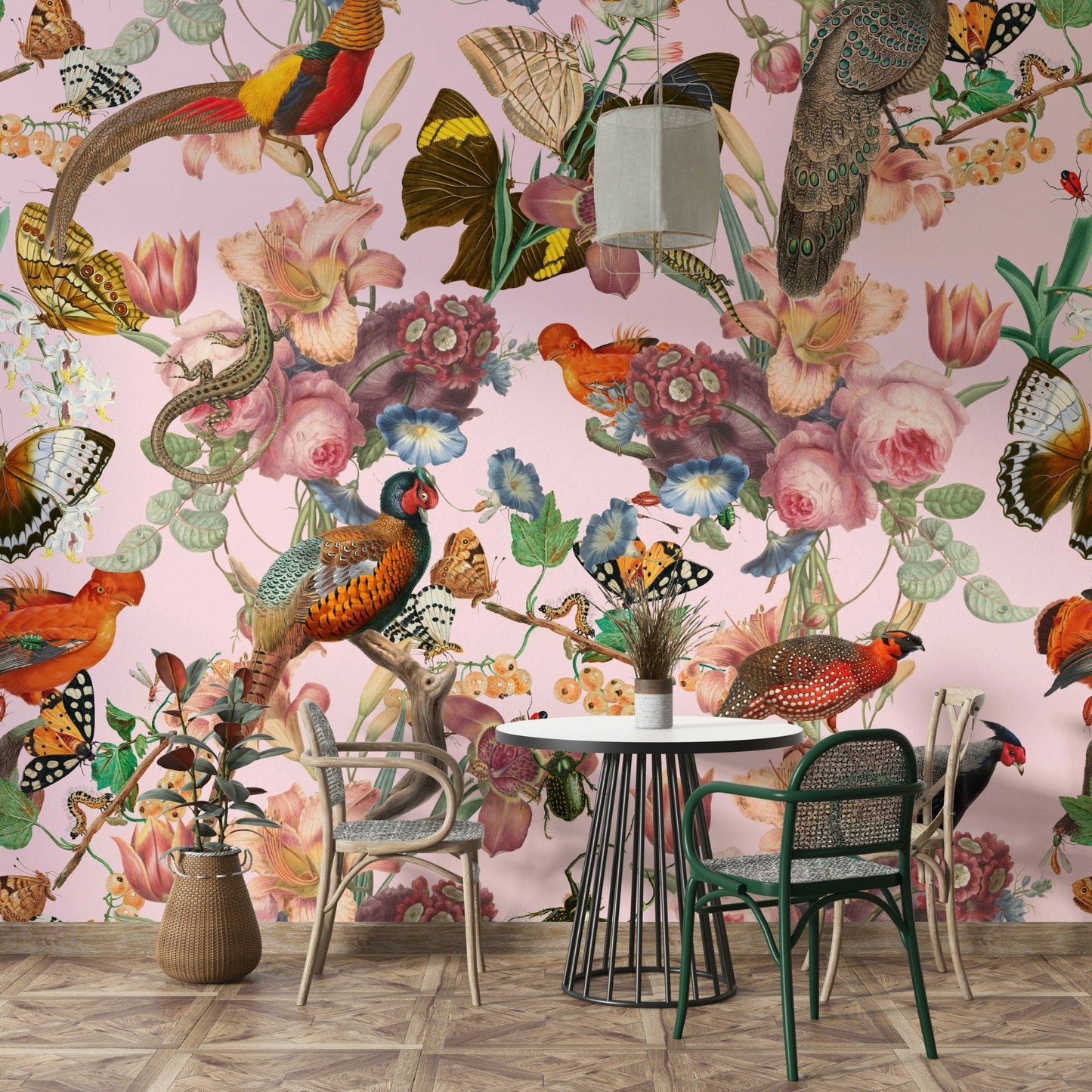 Lively scene of birds, flowers, and butterflies on Divertirs Mural

