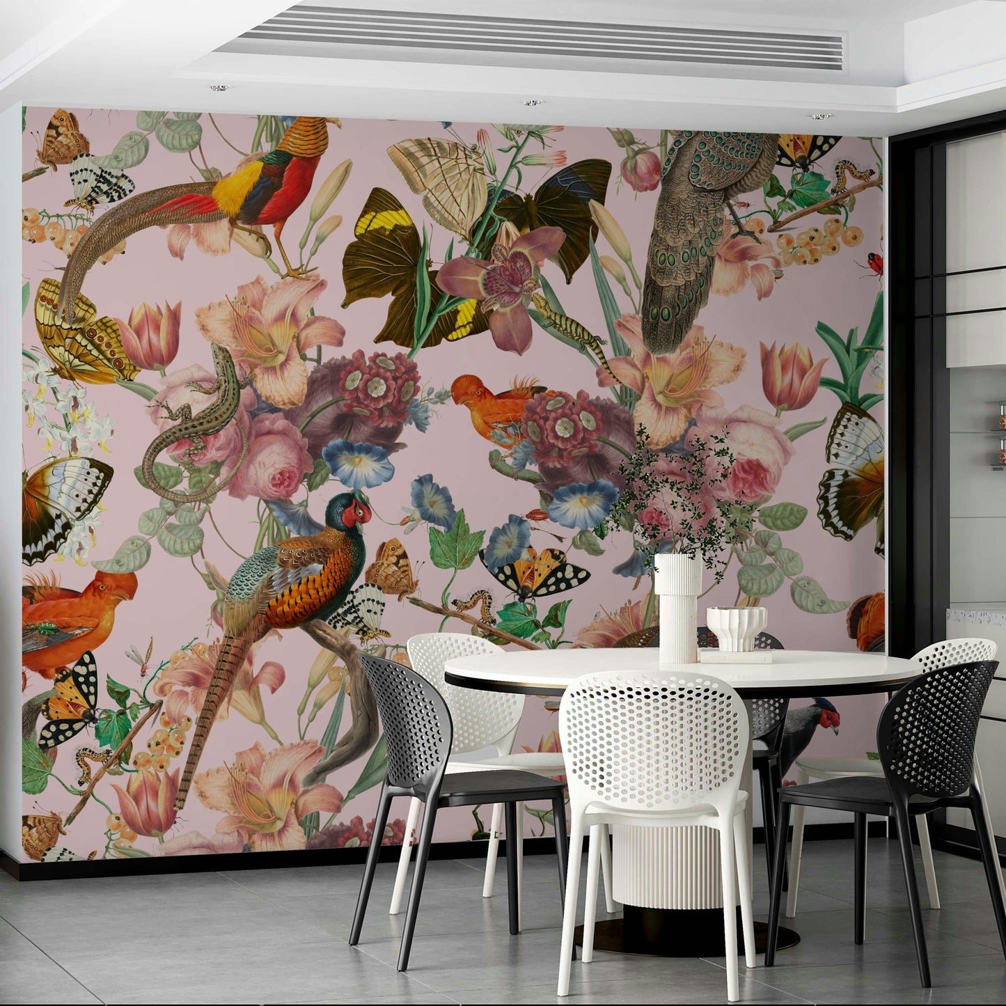 Whimsical nature scene of roses, pheasants, and butterflies mural

