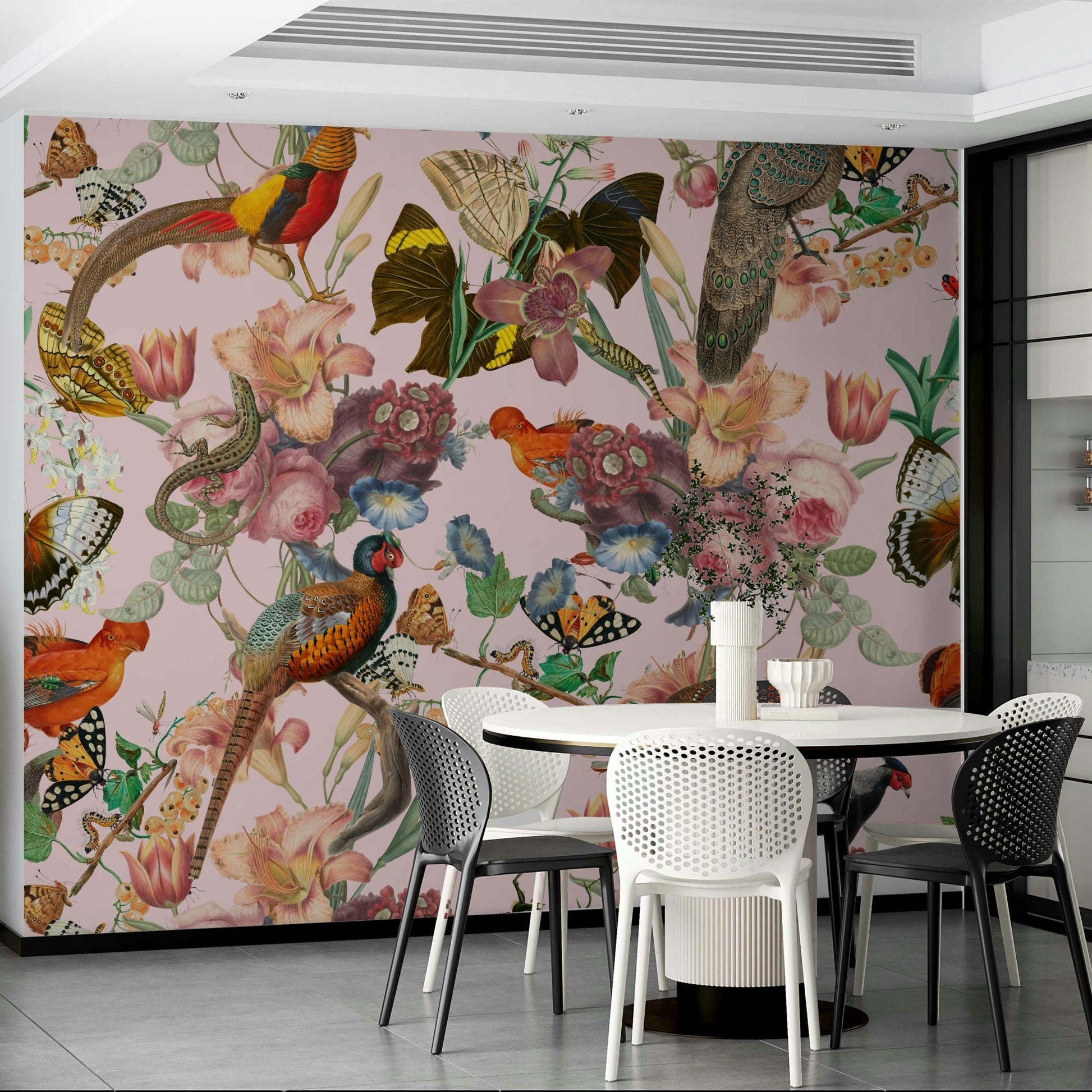 Whimsical nature scene of roses, pheasants, and butterflies mural

