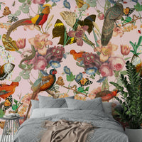 Sophisticated floral mural with vibrant flowers and wildlife

