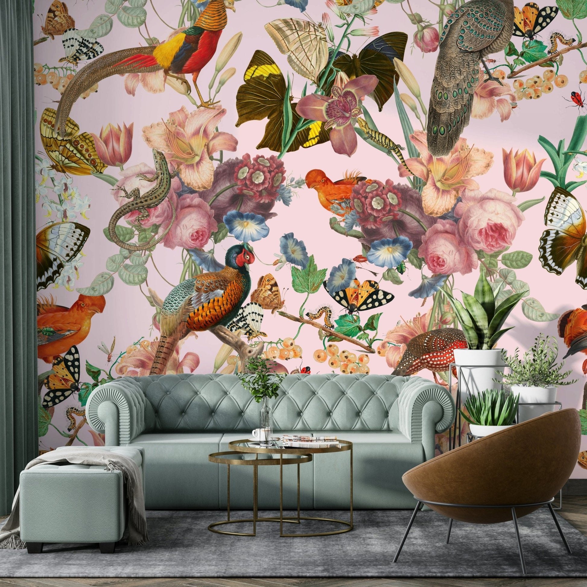 Elegant Divertirs Mural with roses, lilies, and exotic birds

