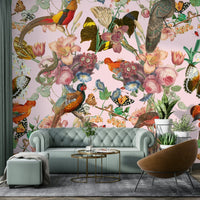 Elegant Divertirs Mural with roses, lilies, and exotic birds

