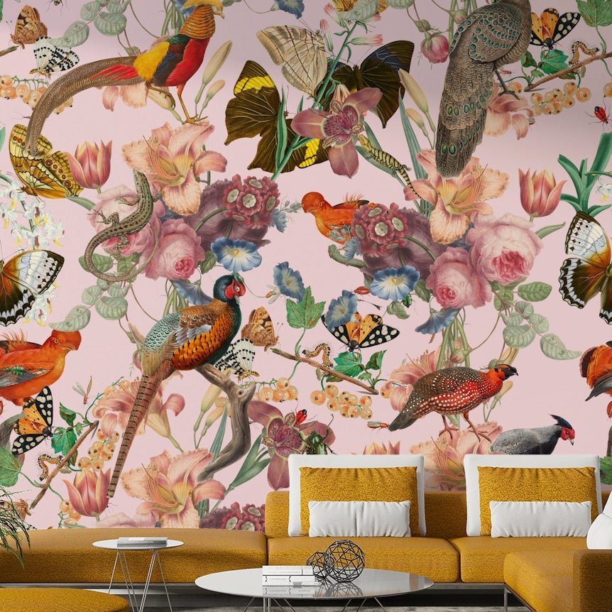 Floral and bird design with peacock and butterflies mural

