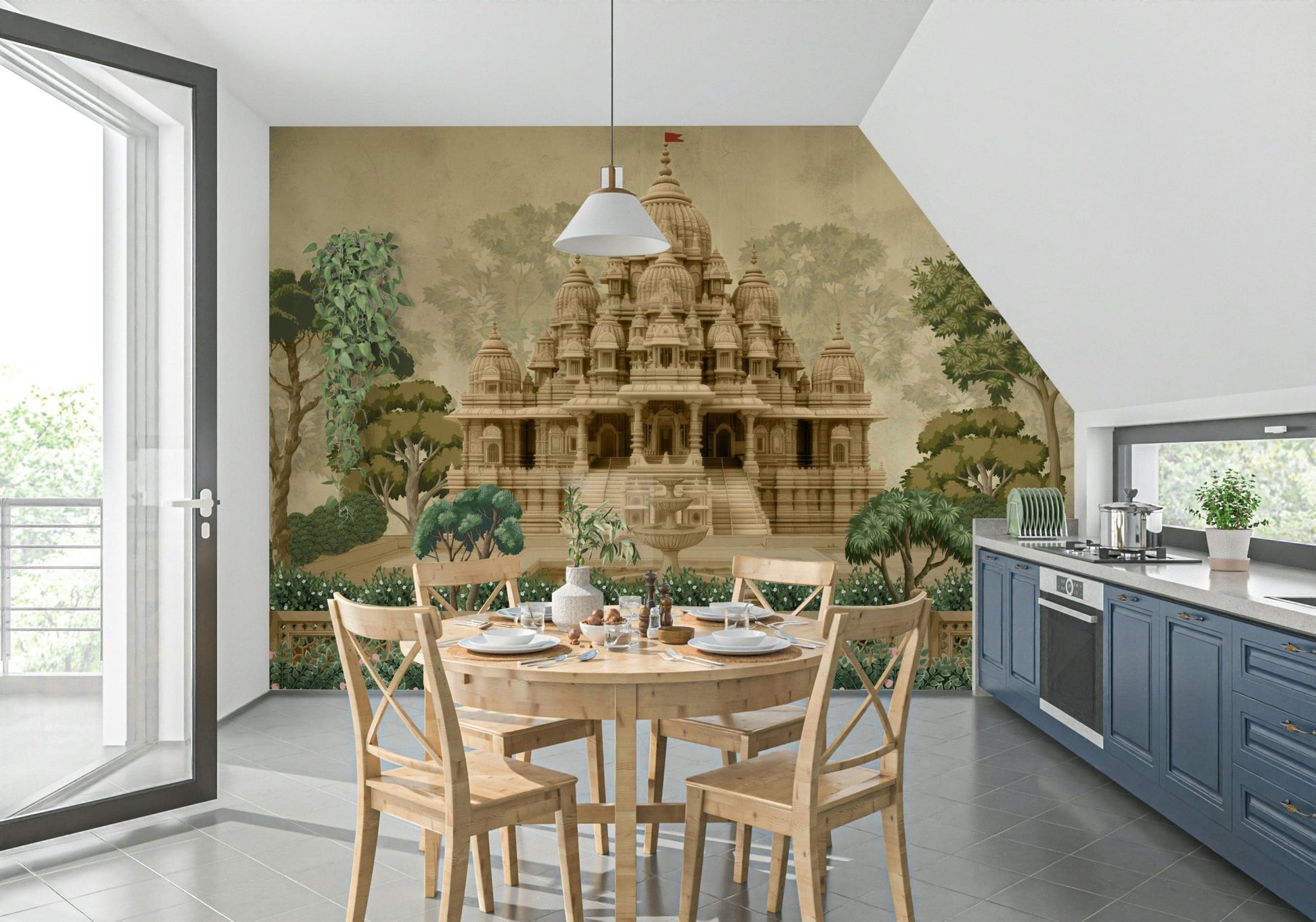 Divine Devalaya wall mural detail with carved-style borders and textures
