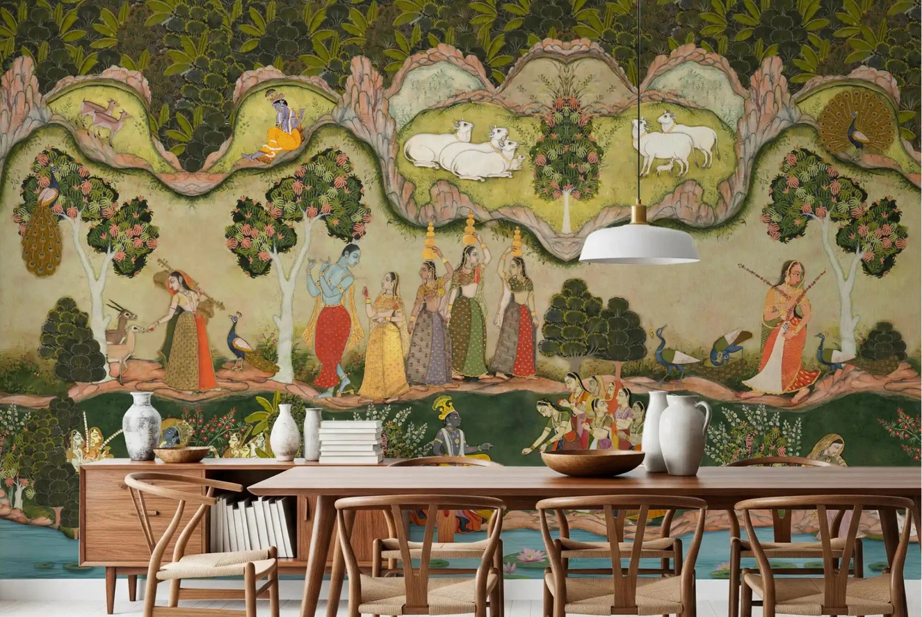 Krishna garden scene defines Divine Garden Serenade Wall Mural for a dining room.