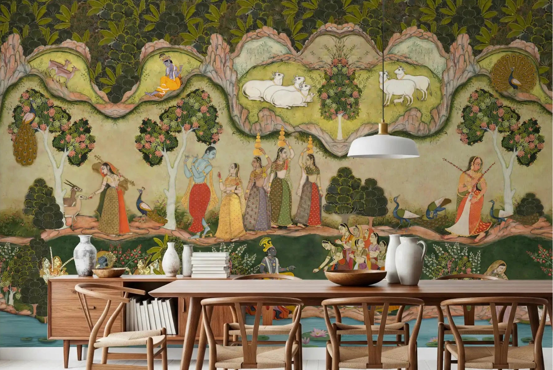 Krishna garden scene defines Divine Garden Serenade Wall Mural for a dining room., GD8967