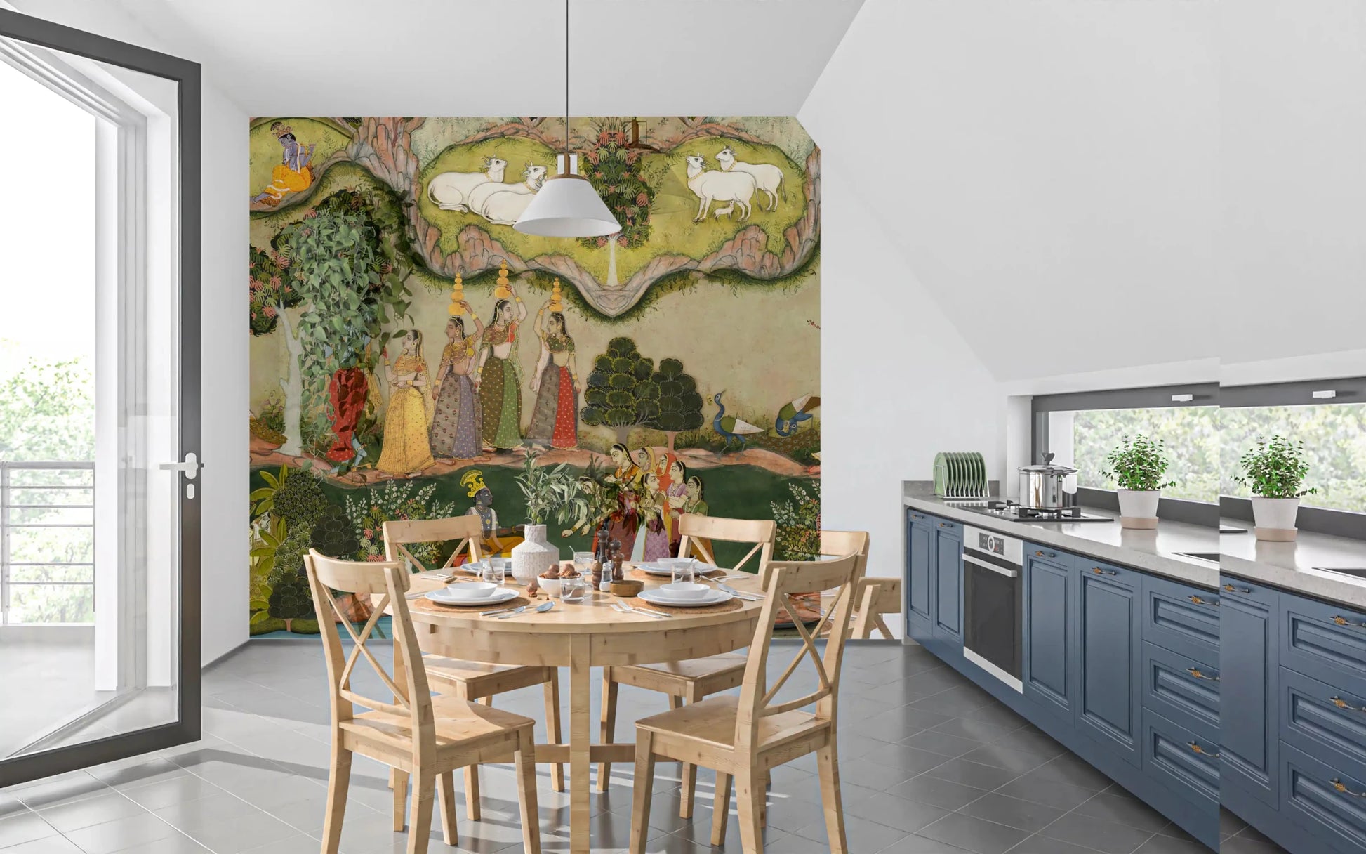 Pichwai wall mural with Krishna, cows, peacocks, and trees for a kitchen area., GD8967