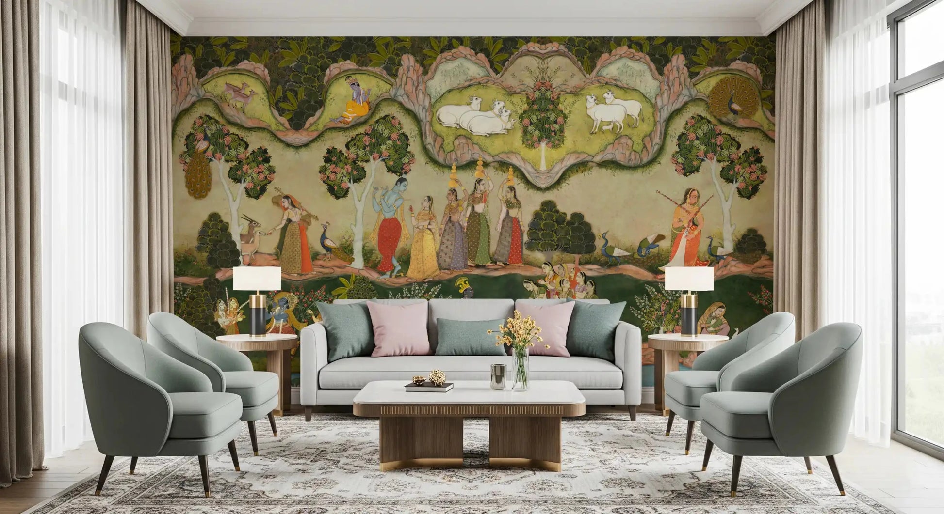 Krishna garden wall mural featuring cultural figures and lotus pond, GD8967
