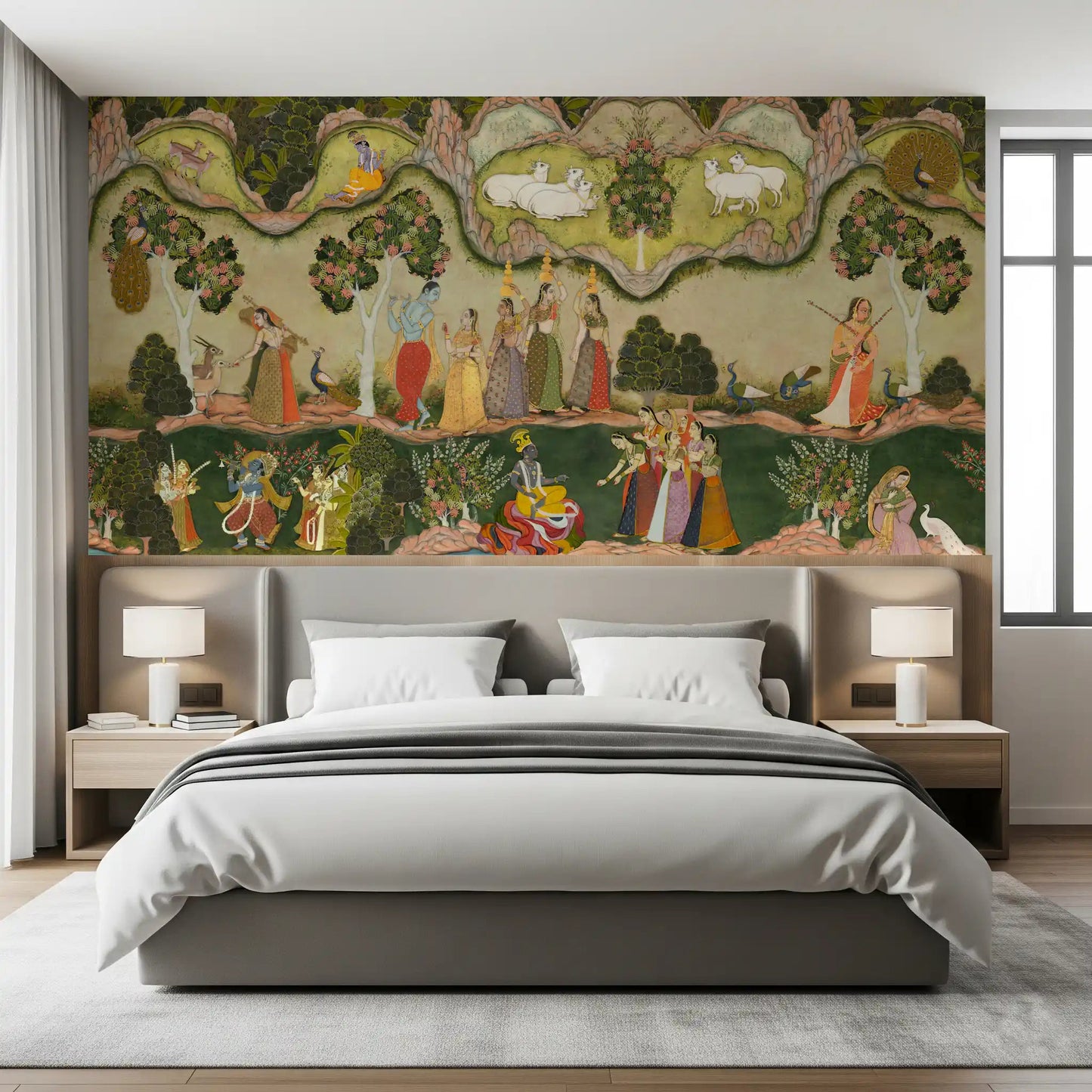 Divine Serenade mural with peacocks, deer, and garden figures, GD8967