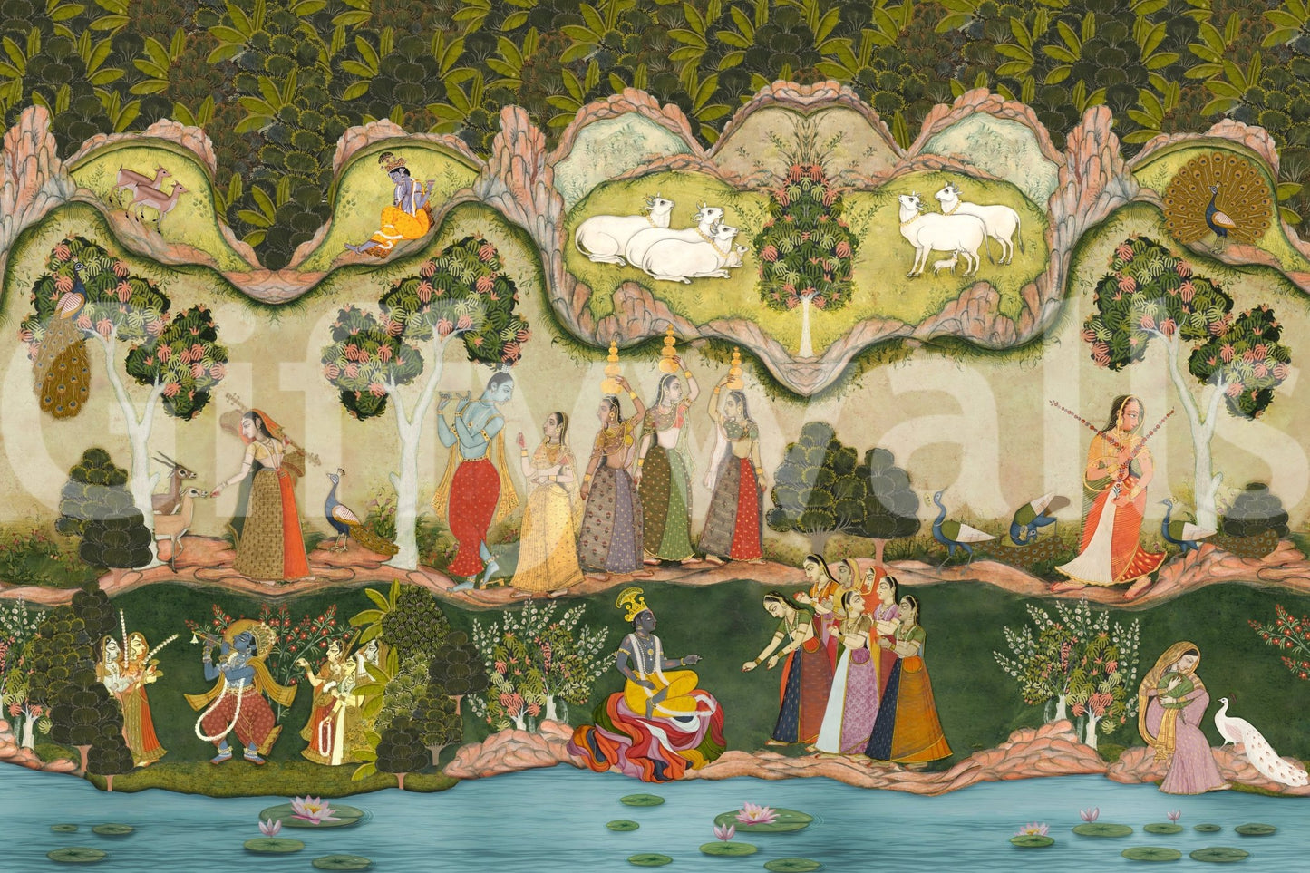 Traditional Indian figures complete this Pichwai-style wall mural, GD8967