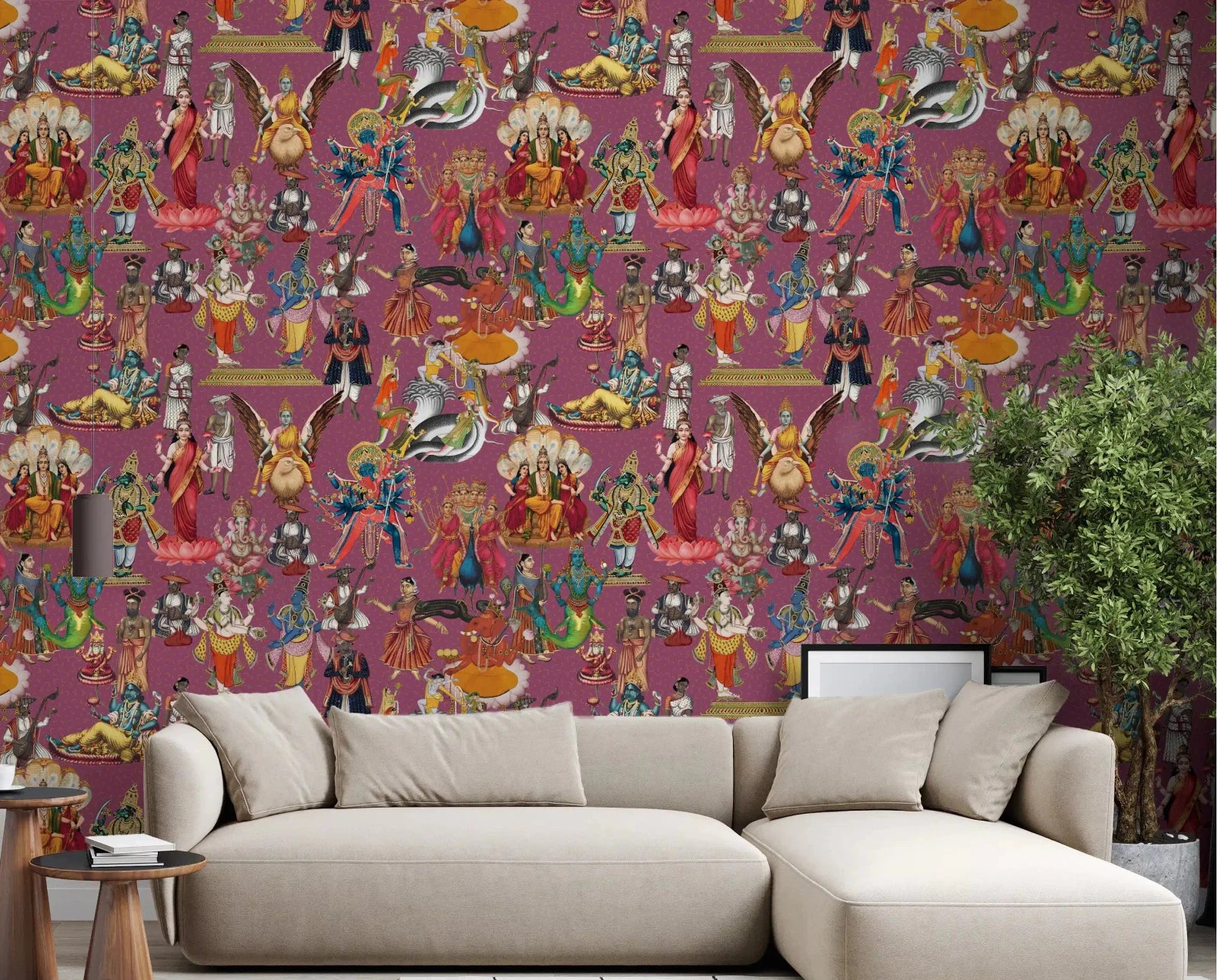 Artistic wall mural blending Hindu iconography, bright colours, and patterned flow, GD8977