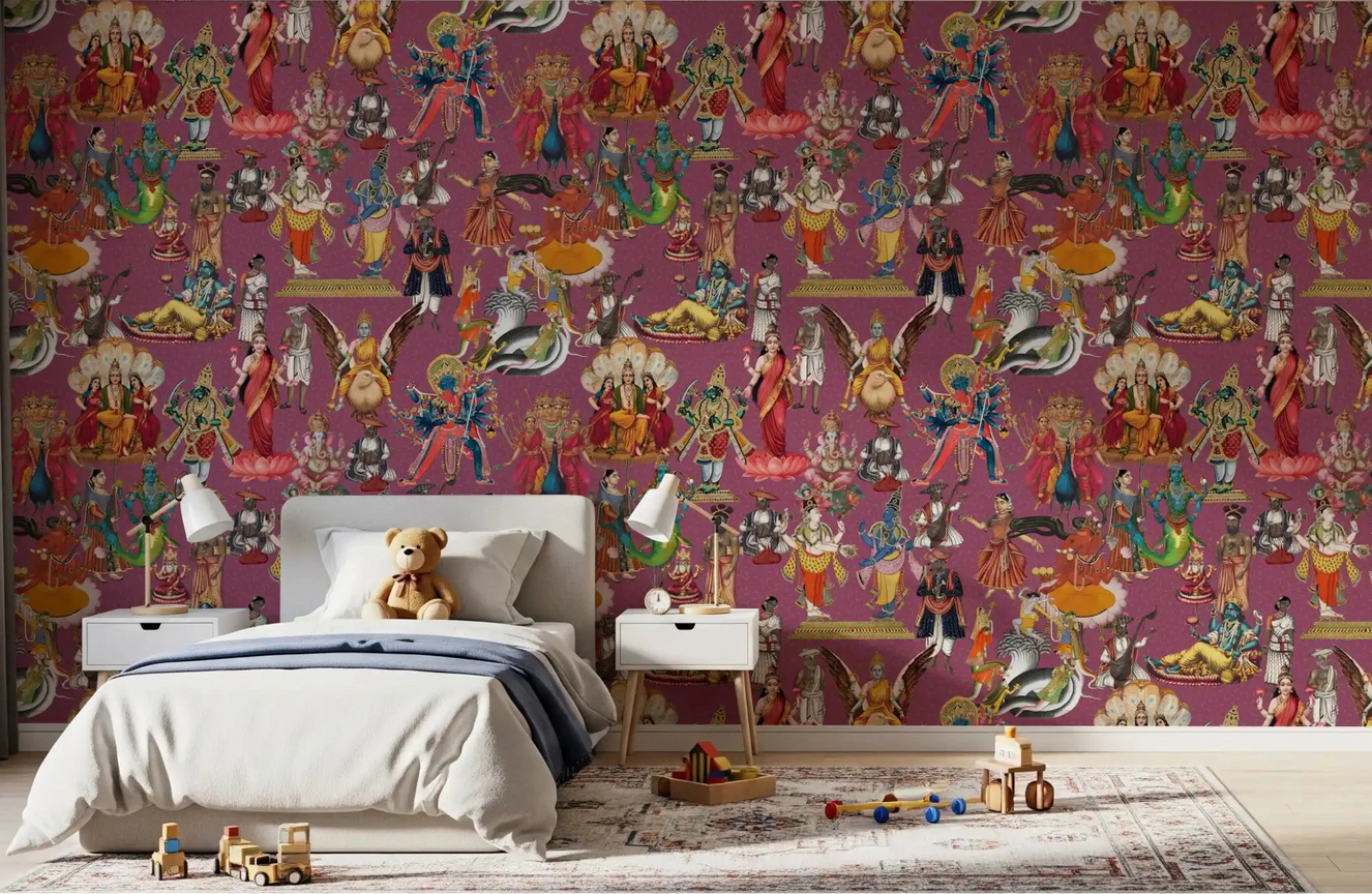 Divine Indian Pantheon wall mural in a bedroom with colourful deity artwork