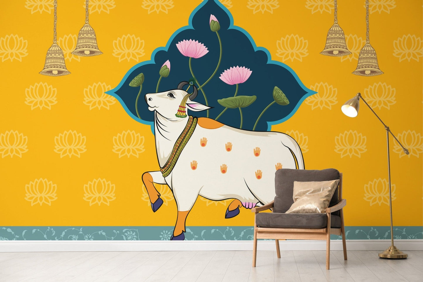 Lotus & Bells Pichwai Wallpaper