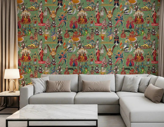 Living room with a green wall mural of colourful Hindu deities and sacred scenes