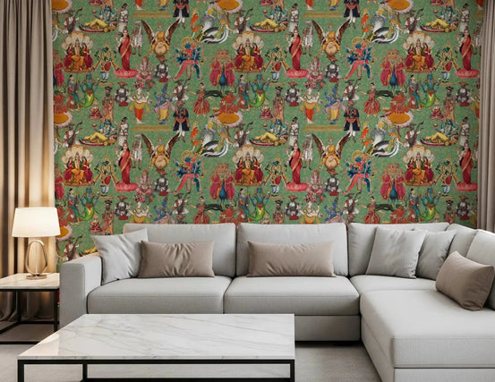 Living room with a green wall mural of colourful Hindu deities and sacred scenes, GD8978