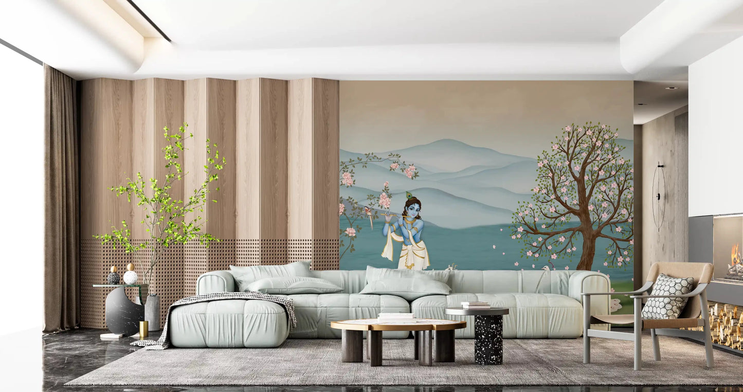 White peacock walks beside blossoms in Divine Serenity Garden Wall Mural, GD8966