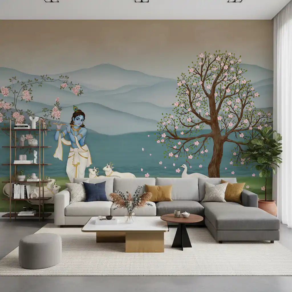 Cream cows, pink blooms, and flute art shape the garden mural scene, GD8966