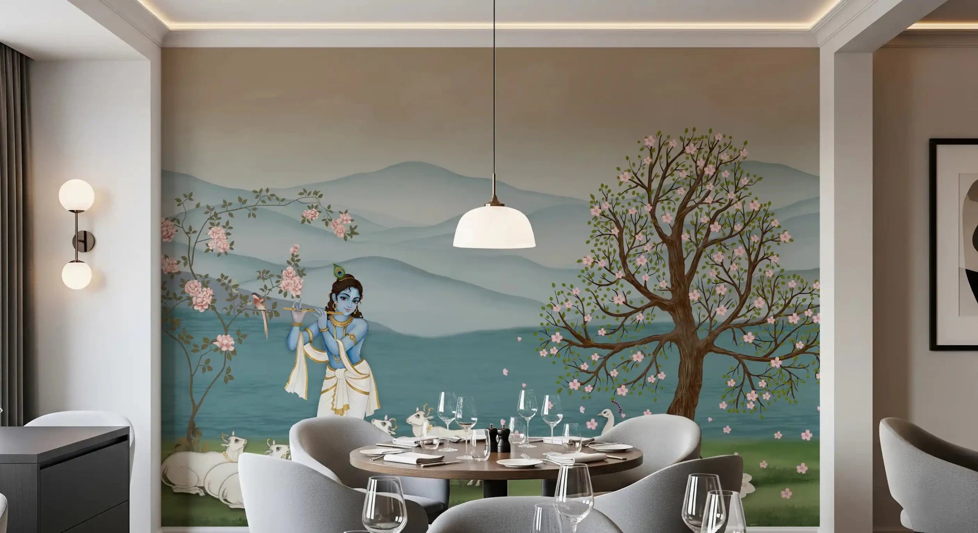 Blue mountain layers frame the Divine Serenity Garden artwork, GD8966