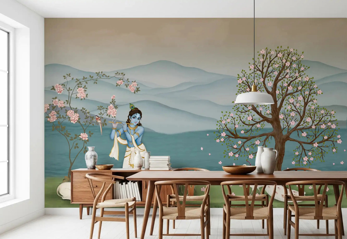 Dining room wall has Divine Serenity mural with white peacock and flowers, GD8966