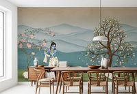 Dining room wall has Divine Serenity mural with white peacock and flowers, GD8966