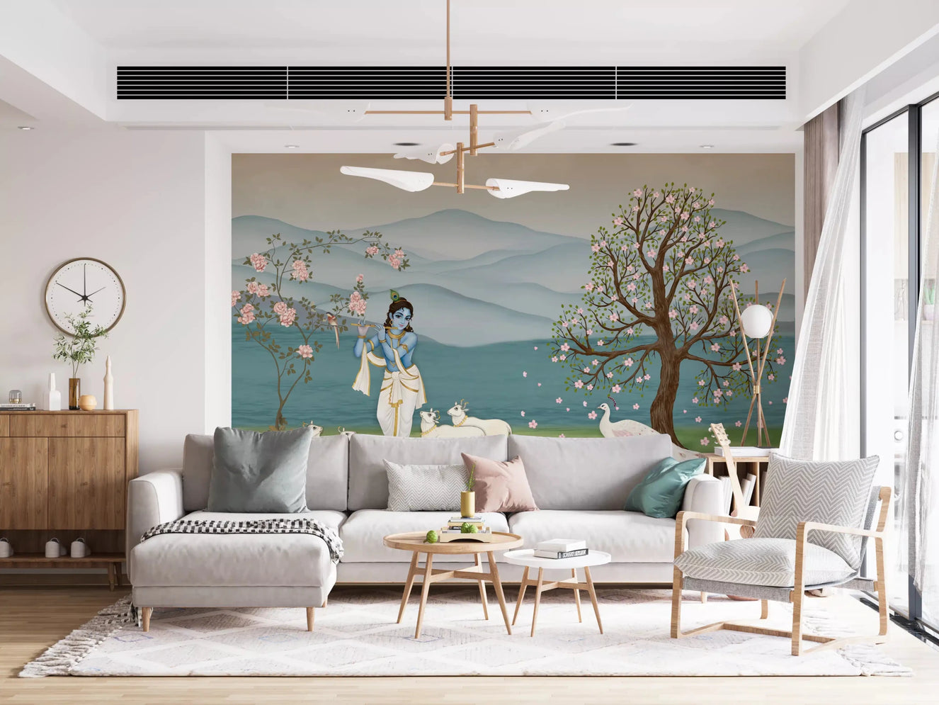 Hallway scene shows Krishna wall mural with soft hills and blossom tree