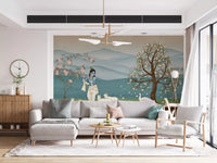 Hallway scene shows Krishna wall mural with soft hills and blossom tree, GD8966