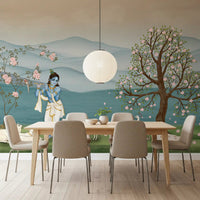 Flowering tree and green field detail this Pichwai-style wall mural, GD8966